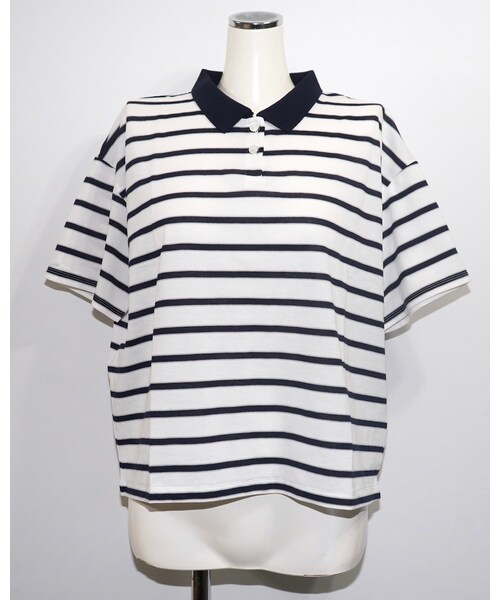 A.D.G（エーディージー）の「Loose Fit Border Polo-shirts (white)（ポロシャツ・レディース・ホワイト・FREE）」の5枚目の写真