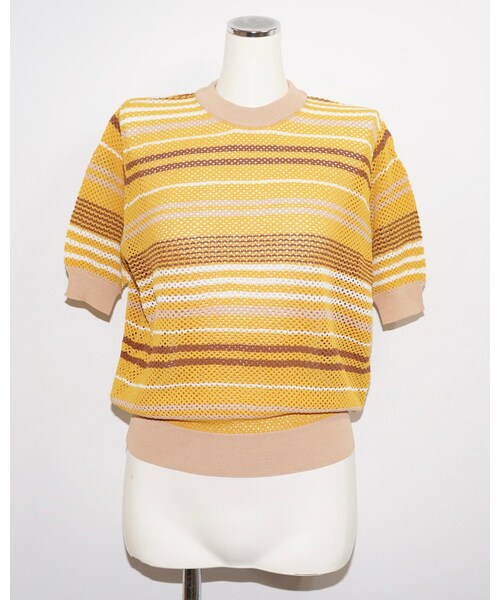 A.D.G（エーディージー）の「Multi Color Border S/S Knit Tops (mustard-brown)（ニット/セーター・レディース・イエロー・FREE）」の4枚目の写真