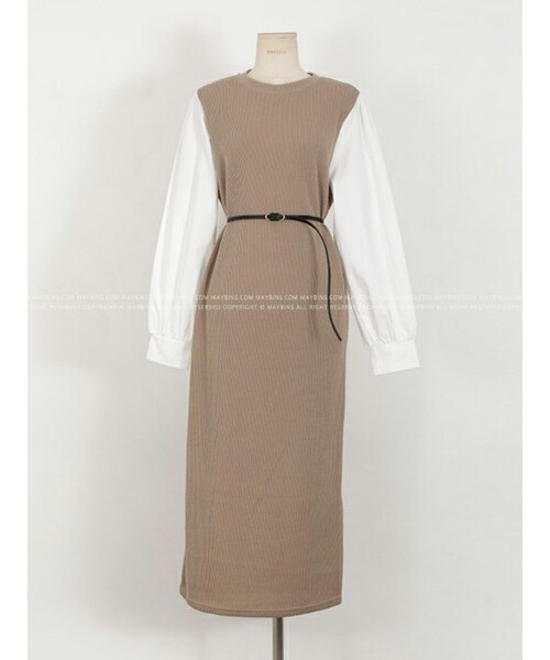 DHOLIC（ディーホリック）の「ベルト付配色スリーブワンピース（ワンピース・レディース・블랙/베이지・FREE）」の2枚目の写真