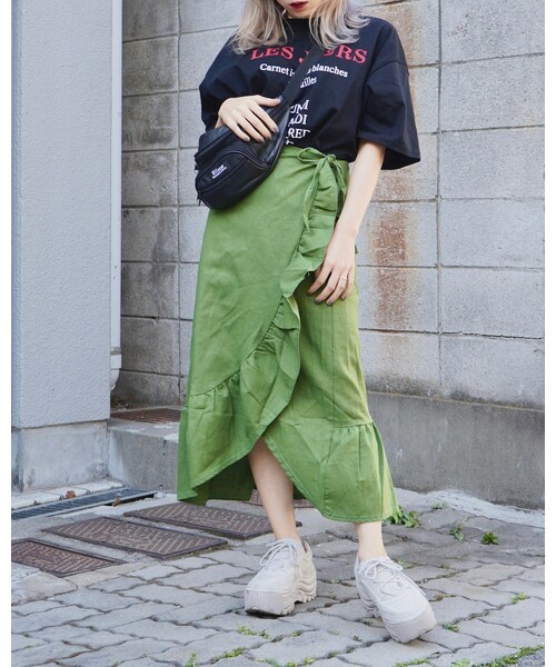 A.D.G（エーディージー）の「Frill Design Ribbon Wrap Skirt (green)（スカート・レディース・グリーン・FREE）」の2枚目の写真