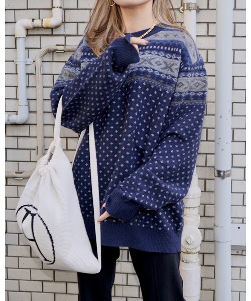 A.D.G（エーディージー）の「Nordic Oversized Knit Sweater (navy)（ニット/セーター・レディース・ブルー・FREE）」の2枚目の写真
