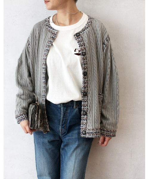 L'Ancre(アンカー)の「L'Ancre (アンカー)ツイードケーブルカーディガン(カーディガン/ボレロ・レディース・グレー・Free)」の1枚目の写真