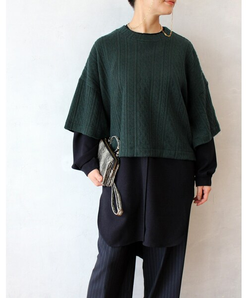 L'Ancre(アンカー)の「L'Ancre (アンカー)ケーブルニットレイヤードシャツ(ニット/セーター・レディース・ホワイト/グリーン・Free)」の2枚目の写真