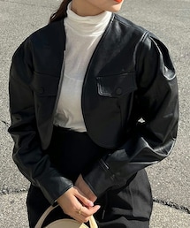 DHOLIC | クロップド丈フェイクレザージャケット(ライダースジャケット)