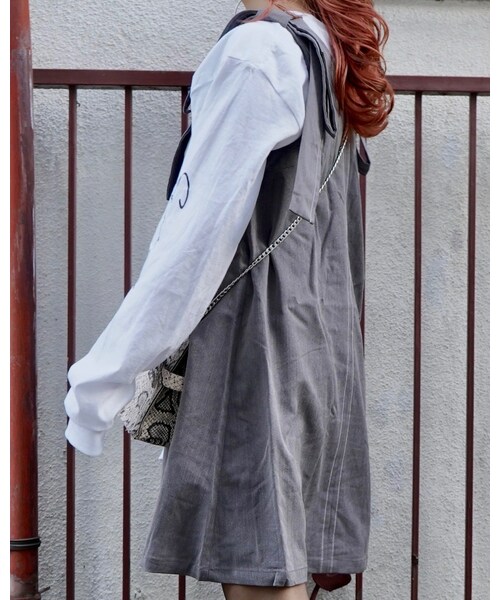 A.D.G(エーディージー)の「Shoulder Ribbon White Stitch Mini Onepiece (grey)(ワンピース・レディース・グレー・FREE)」の2枚目の写真