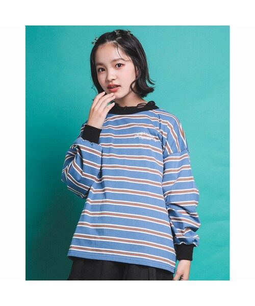 ZIDDY(ジディ)の「【 ニコ☆プチ 掲載 】 トレンド マルチ ボーダー ギャザースリーブ Tシャツ (130~160cm)(その他トップス・キッズ・ブルー/ホワイト・150)」の1枚目の写真