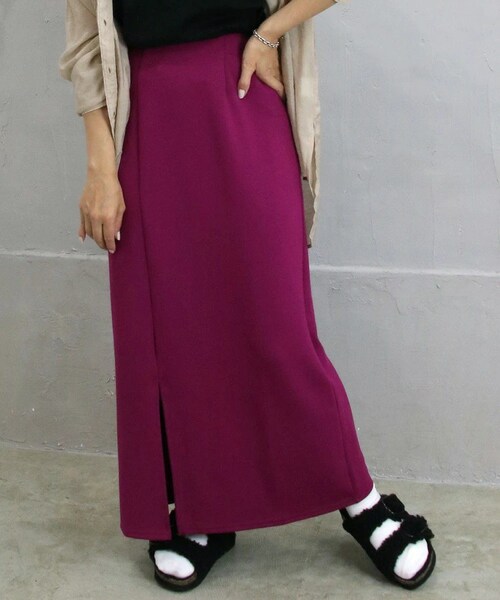 Sheson（シーズン）の「スリットカラーロングスカート（スカート・レディース・ベージュ/グリーン/オレンジ/パープル/ピンク/ブラック・F）」の5枚目の写真