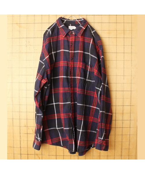 J.CREW(ジェイクルー)の「ビッグサイズ 90s USA J.CREW ヘビーフランネル チェック シャツ ブラック ネイビー レッド メンズXL 長袖 アウトドア アメリカ古着(シャツ/ブラウス・メンズ・ブラック・XL)」の1枚目の写真
