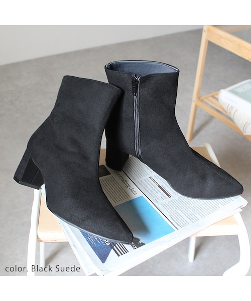 Shoe Fantasy（シューファンタジー）の「晴雨兼用 チャンキーヒール ショートブーツ（ブーツ・レディース・ブラックスムース/ブラックスエード/グレースエード/アイボリースムース・S/M/L/LL）」の3枚目の写真