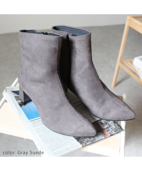 Shoe Fantasy（シューファンタジー）の「晴雨兼用 チャンキーヒール ショートブーツ（ブーツ・レディース・ブラックスムース/ブラックスエード/グレースエード/アイボリースムース・S/M/L/LL）」の4枚目の写真