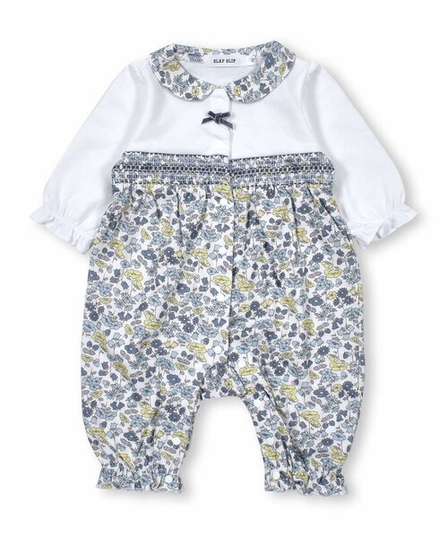 SLAP SLIP BABY（スラップスリップベビー）の「【 お揃い 】 襟 花柄 切り替え スモッキング ロンパース ベビー (60~80cm)（ロンパース・キッズ・ピンク/ブルー・70）」の2枚目の写真