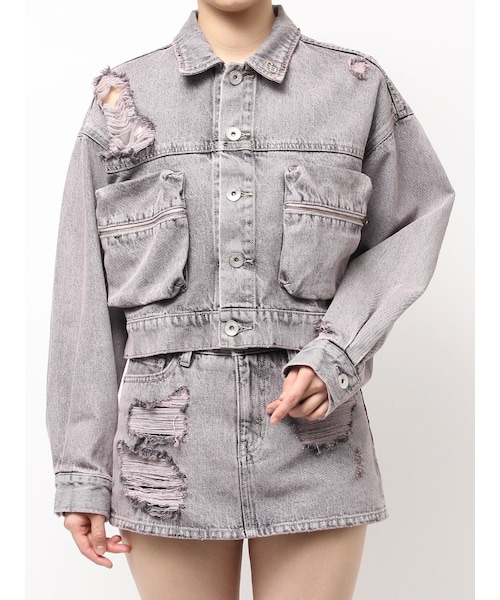 GYDA（ジェイダ）の「ZIP POCKETダメージショートデニムGジャン（デニムジャケット・レディース・ブラック/ピンク/アイスブルー・F）」の6枚目の写真