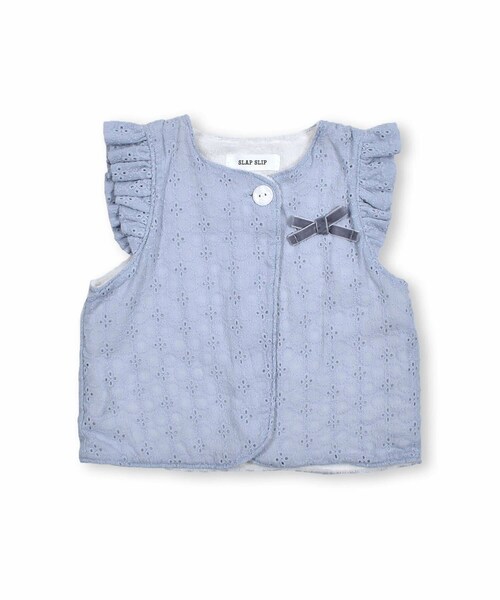 SLAP SLIP BABY（スラップスリップベビー）の「花 レース ベロア リボン 肩 フリル ベスト ベビー　（70~80cm）（ベスト・キッズ・ピンク/ブルー・ワンサイズ）」の2枚目の写真