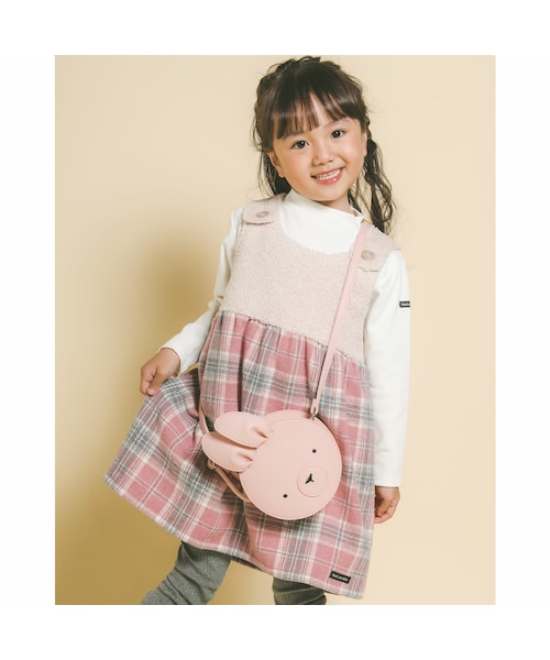 Noeil aime BeBe(ノイユエイムベベ)の「ボア シャギー チェック 柄 切替 ジャンパースカート (80~130cm)(ジャンパースカート・キッズ・ピンク/ベージュ・110)」の1枚目の写真