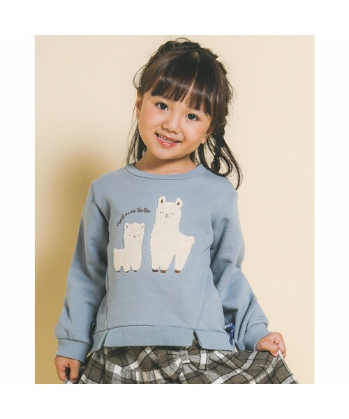 Noeil aime BeBe(ノイユエイムベベ)の「アニマル アルパカ サイド リボン 付 裏起毛 トレーナー (80~130cm)(カーディガン/ボレロ・キッズ・ブルー/ベージュ・110)」の1枚目の写真