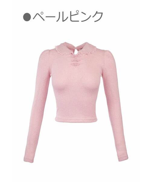 Bobon21（ボボンニジュウイチ）の「miniリボンラウンド衿スリムニットトップス-全２色-（ニット/セーター・レディース・ホワイト/ピンク・S/M/L）」の2枚目の写真
