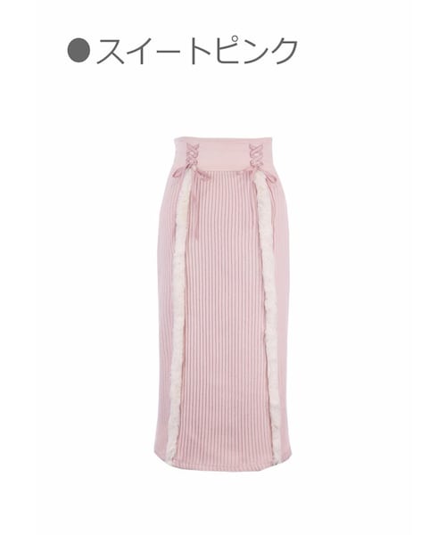 Bobon21(ボボンニジュウイチ)の「リブニット×ファー異素材MIXミモレ丈スカート-全2色-(スカート・レディース・ホワイト/ピンク・S/M/L)」の2枚目の写真