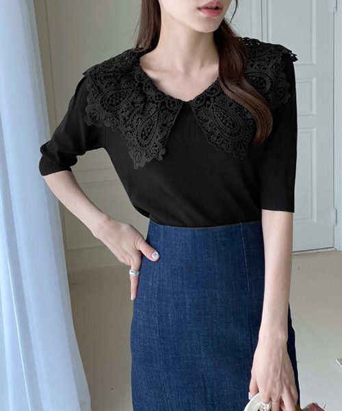 SNIDEL レースカラー半袖ニット ブラック DHOLIC（ディーホリック）の「レースカラー半袖ニット・全3色（ニット