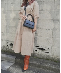 V-Neck Puffsleeve Flare Long Onepiece (beige)