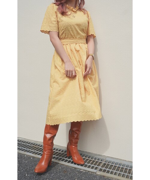 A.D.G(エーディージー)の「Flower Cutwork Flare Onepiece (yellow)(ワンピース・レディース・イエロー・FREE)」の3枚目の写真