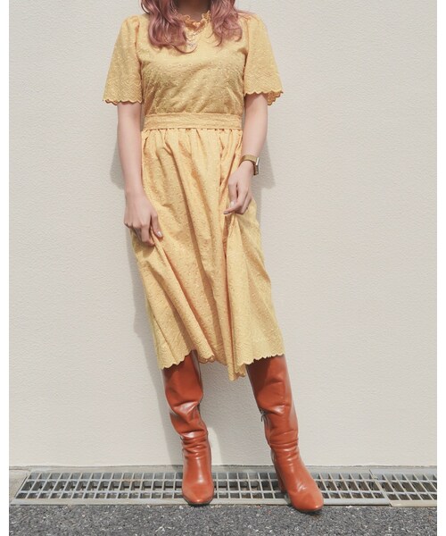 A.D.G(エーディージー)の「Flower Cutwork Flare Onepiece (yellow)(ワンピース・レディース・イエロー・FREE)」の5枚目の写真