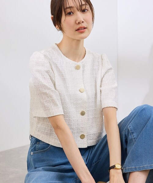 ROPE' PICNIC（ロペピクニック）の「【サマー・ツイード】金ボタンカーディジャケット（ノーカラージャケット・レディース・チャコール/ライトグレー/ホワイト/ネイビー・38）」の19枚目の写真