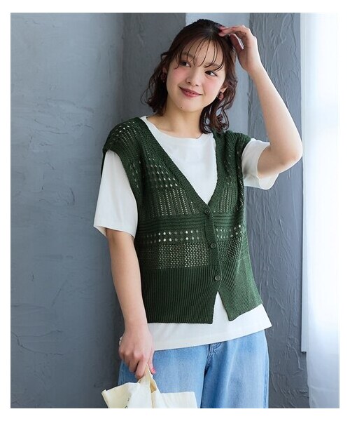 nissen（ニッセン）の「＜大きいサイズ＞２点セット（前あきべスト＋綿100％半袖Ｔシャツ）（Tシャツ/カットソー・レディース・アイボリー×ボーダー/黒×ホワイト/グリーン×ホワイト・L~LL/3L~4L/5L~6L/8L/10L）」の12枚目の写真