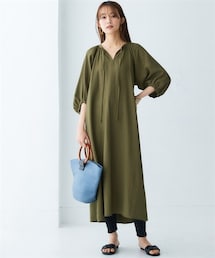 nissen | リネンライクラグラン袖スキッパーギャザーワンピース（選べる着丈）(ワンピース)