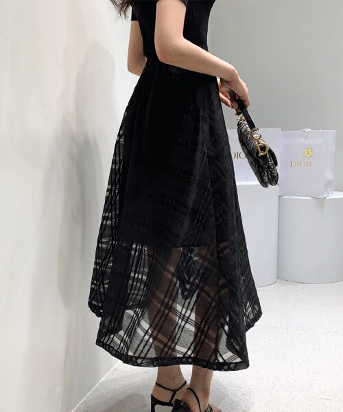 DHOLIC(ディーホリック)の「シースルーチェックスカート(スカート・レディース・ブラック・FREE)」の1枚目の写真