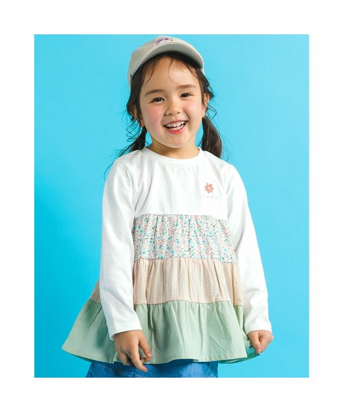 SLAP SLIP（スラップスリップ）の「布帛 切り替え ティアード 天竺 長袖 Tシャツ (80~130cm)（Tシャツ/カットソー・キッズ・ピンク/グリーン・110）」の2枚目の写真