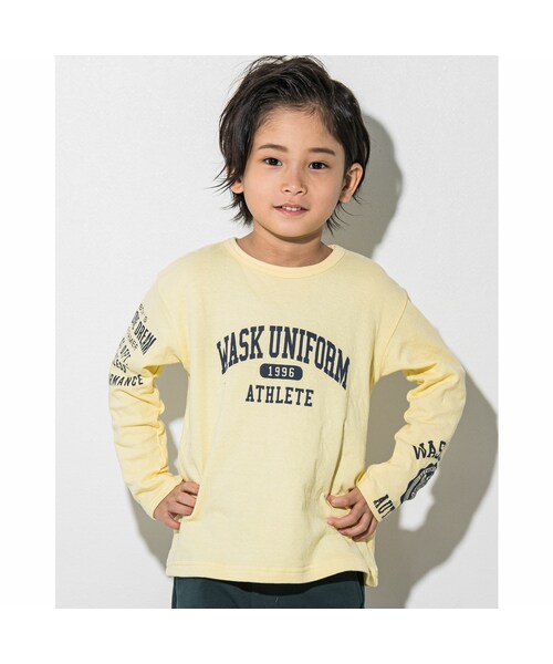 WASK(ワスク)の「接結天竺 カレッジ ロゴ Tシャツ (100~160cm)(Tシャツ/カットソー・キッズ・イエロー/ブルー・110cm)」の1枚目の写真