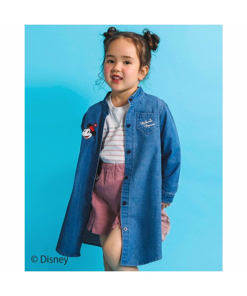 SLAP SLIP(スラップスリップ)の「【 Disney 】 ミッキーマウス / ミニーマウス / デニム チェック 柄 ワンピース / ディズニー (80~130cm)(シャツワンピース・キッズ・ブルー/ホワイト・110)」の1枚目の写真
