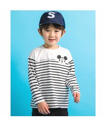 SLAP SLIP | 【 Disney 】 ミッキーマウス / ミニーマウス / フェイス ワッペン 付 ボーダー 柄 Tシャツ / ディズニー (80~130cm)(Tシャツ/カットソー)