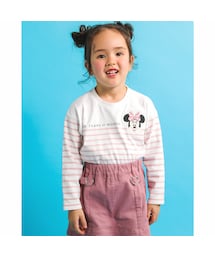 SLAP SLIP | 【 Disney 】 ミッキーマウス / ミニーマウス / フェイス ワッペン 付 ボーダー 柄 Tシャツ / ディズニー (80~130cm)(Tシャツ/カットソー)