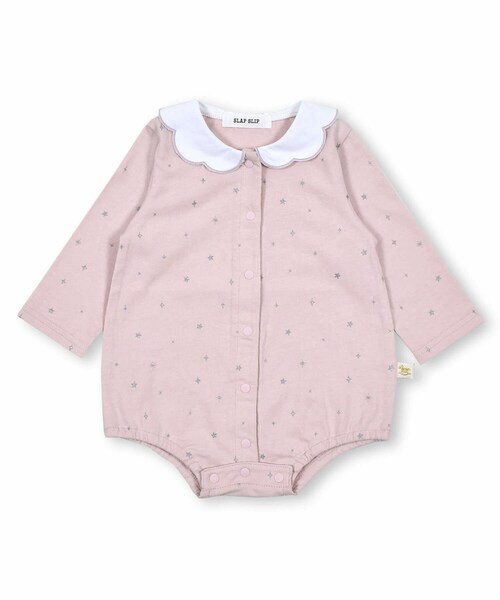 SLAP SLIP BABY(スラップスリップベビー)の「スカラップ 襟 キラキラ 星 グリッタープリント ボディミニ ベビー (70~80cm)(ロンパース・キッズ・ピンク/ホワイト・70)」の1枚目の写真