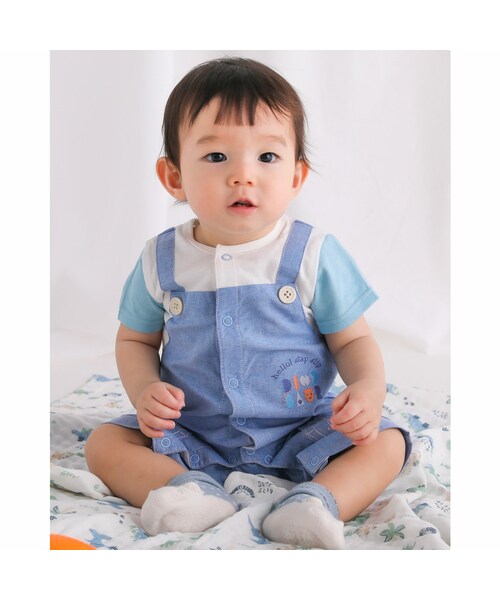 SLAP SLIP BABY(スラップスリップベビー)の「恐竜 パッチ 付 レイヤード 風 ロンパース ベビー (60~80cm)(ロンパース・キッズ・ブルー/イエロー・70)」の1枚目の写真