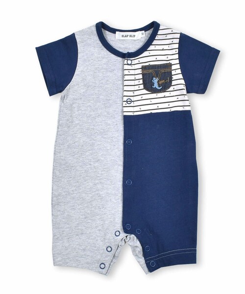 SLAP SLIP BABY（スラップスリップベビー）の「【 防汚加工 】 【 お揃い 】 ポケット 付 恐竜 モチーフ 天竺 半袖 ロンパース ベビー (60~80cm)（ロンパース・キッズ・イエロー/ブルー・70）」の2枚目の写真