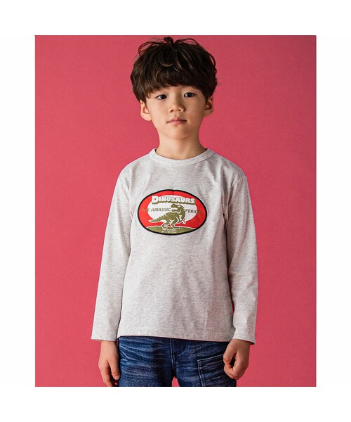 WASK（ワスク）の「恐竜 パッチ 天竺 Tシャツ (100~160cm)（Tシャツ/カットソー・キッズ・グリーン/グレー・110）」の2枚目の写真