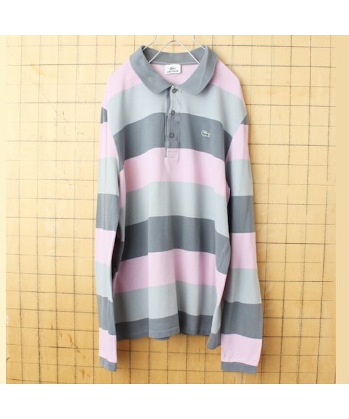 フレンチラコステ ボーダー 長袖 ポロシャツ ライトブルー グレー ML ss9 ラコステ LACOSTE アーペーセー A.P.C. レディースルーズ