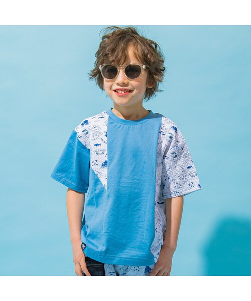 WASK(ワスク)の「【接触冷感】地図柄切り替え天竺ニットサッカービッグTシャツ(100~160cm)(Tシャツ/カットソー・キッズ・ブルー/ベージュ・110)」の1枚目の写真