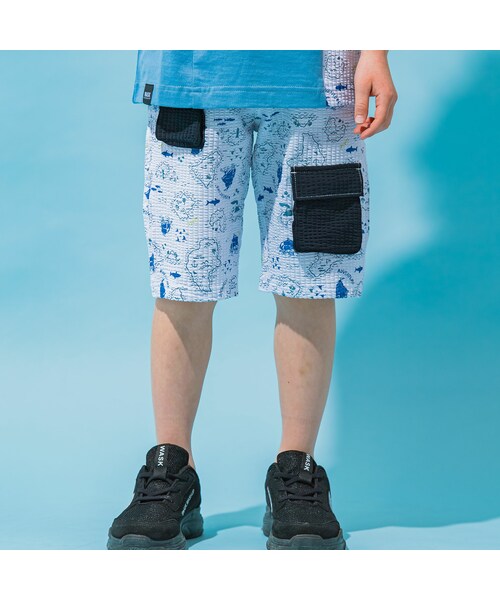 WASK(ワスク)の「5.5分丈地図柄ポケット付きニットサッカーパンツ(100~160cm)(その他パンツ・キッズ・ホワイト/ブラック・110)」の1枚目の写真