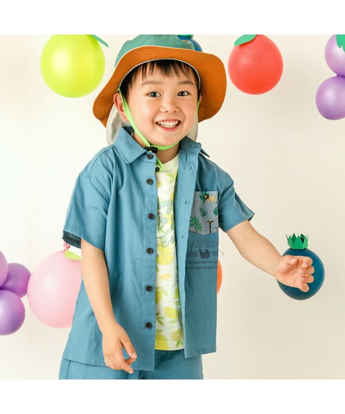 SLAP SLIP（スラップスリップ）の「【お揃い】アニマルサファリ柄切替半袖シャツ(80~130cm)（シャツ/ブラウス・キッズ・ベージュ/ブルー・110）」の2枚目の写真