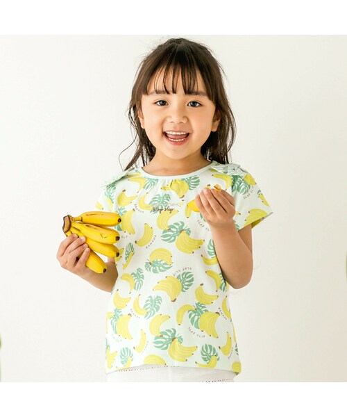 SLAP SLIP(スラップスリップ)の「【お揃い】フルーツ総柄柄ナレリボン付き半袖Tシャツ(80~130cm)(Tシャツ/カットソー・キッズ・グリーン/レッド/ブルー/イエロー・110)」の1枚目の写真