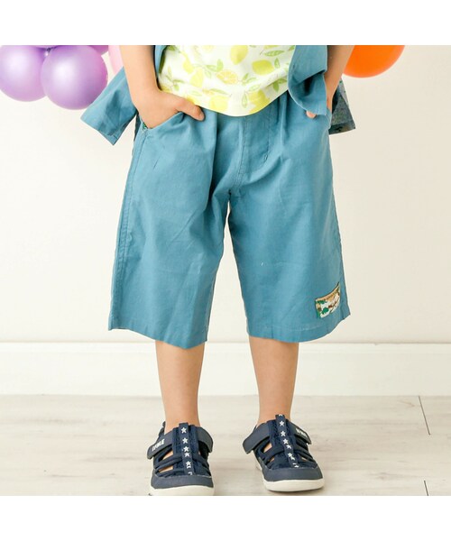 SLAP SLIP（スラップスリップ）の「【お揃い】綿麻サファリ柄切替5.5分丈パンツ(80~130cm)（その他パンツ・キッズ・ベージュ/ブルー・110）」の2枚目の写真