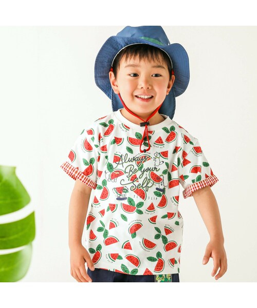 SLAP SLIP（スラップスリップ）の「【お揃い】フルーツ総柄柄ナレ袖チェック半袖Tシャツ(80~130cm)（Tシャツ/カットソー・キッズ・グリーン/レッド/イエロー/ブルー・110）」の4枚目の写真