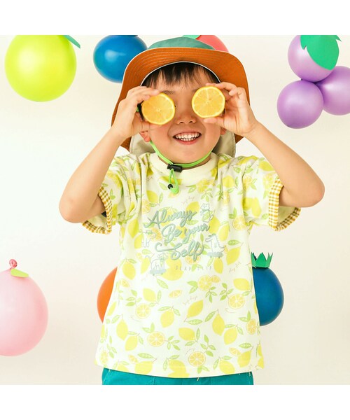 SLAP SLIP（スラップスリップ）の「【お揃い】フルーツ総柄柄ナレ袖チェック半袖Tシャツ(80~130cm)（Tシャツ/カットソー・キッズ・グリーン/レッド/イエロー/ブルー・110）」の3枚目の写真