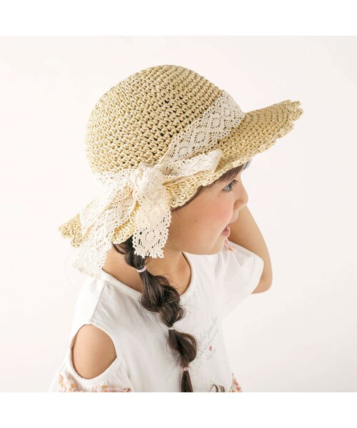 SLAP SLIP（スラップスリップ）の「レースリボン花モチーフペーパーハット(46~52cm)（ハット・キッズ・ホワイト/ベージュ・52cm）」の2枚目の写真