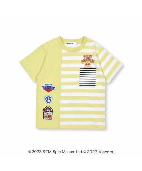 SLAP SLIP(スラップスリップ)の「【PAW PATROL(パウ・パトロール)×SLAP SLIP】ボーダー切替ポケット付きワッペン半袖Tシャツ(80~120cm)(Tシャツ/カットソー・キッズ・イエロー/ブラック・110)」の1枚目の写真
