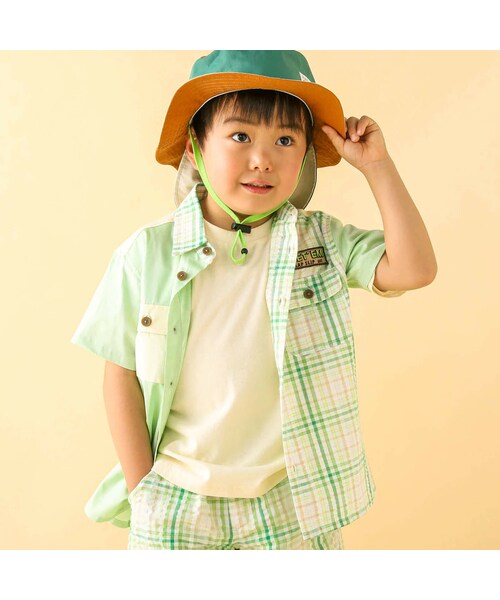 SLAP SLIP（スラップスリップ）の「【お揃い】チェック柄切り替えバックプリント半袖シャツ(80~130cm)（シャツ/ブラウス・キッズ・ブルー/グリーン・110）」の2枚目の写真