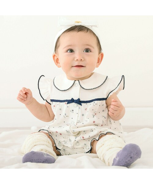 SLAP SLIP BABY(スラップスリップベビー)の「【お揃い】襟付き袖フリルマリンモチーフ柄ロンパースベビー(60~80cm)(ロンパース・キッズ・ホワイト/ブルー・70)」の1枚目の写真